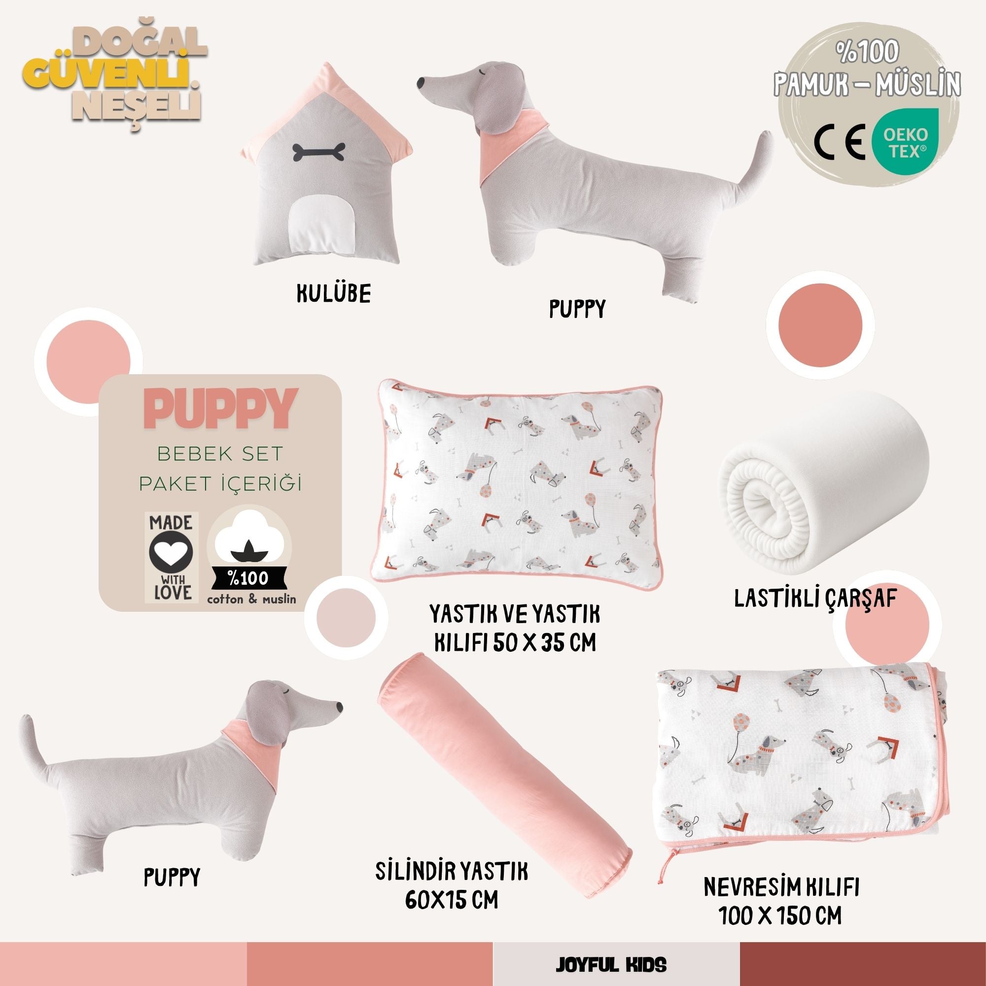 Pembe tonlarında tasarlanmış, örgü korumasız 8 parçalık sadık dost temalı uyku seti.