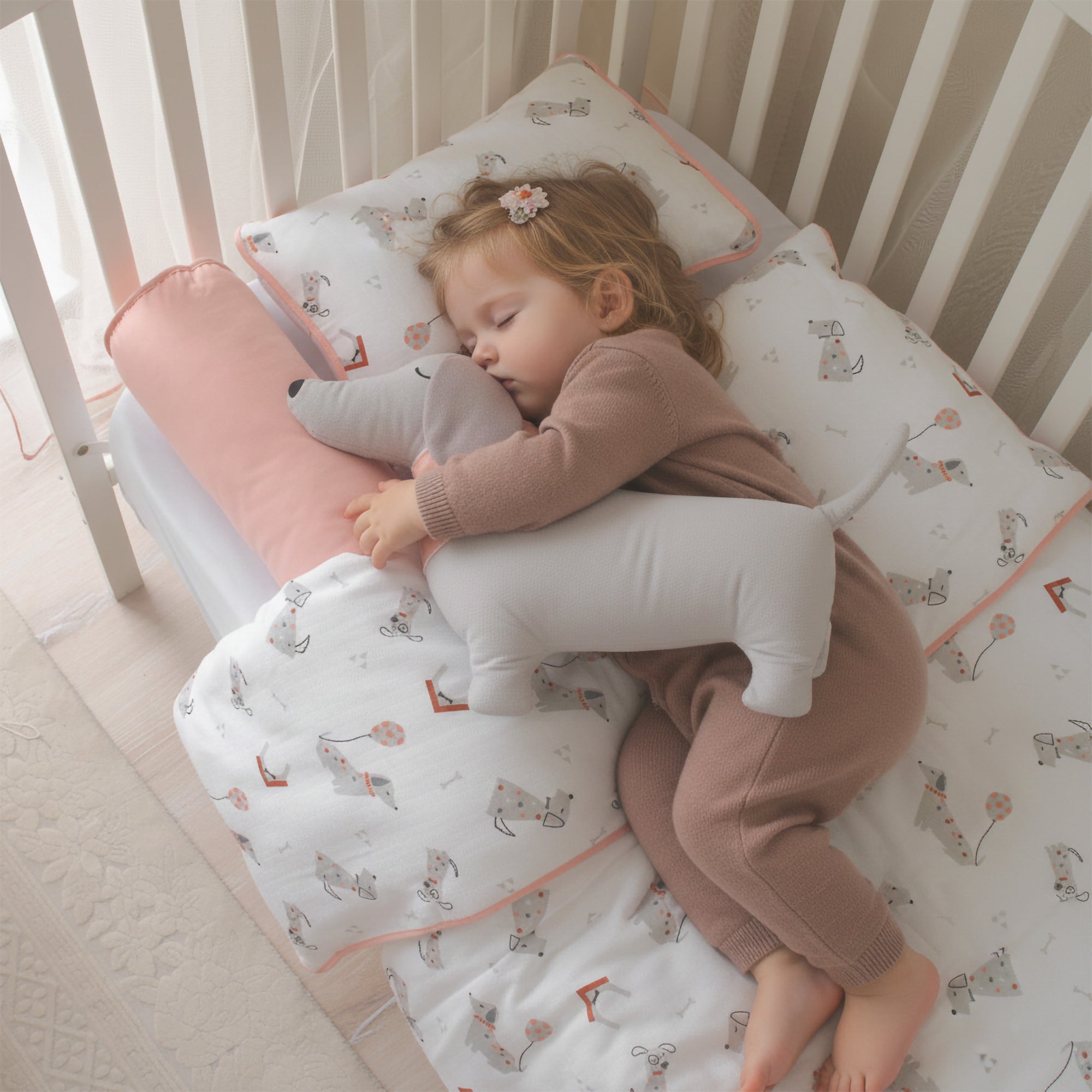 Beşik içinde koruyucu Puppy karakter yastığına sarılmış uyuyan bebek