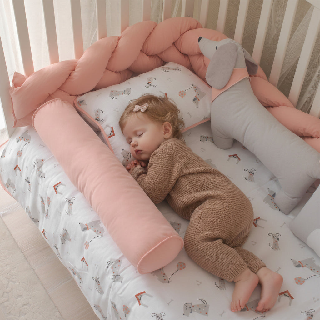 %100 pamuk köpek desenli müslin kumaşın doğal ve antialerjenik doku detay çekimi.