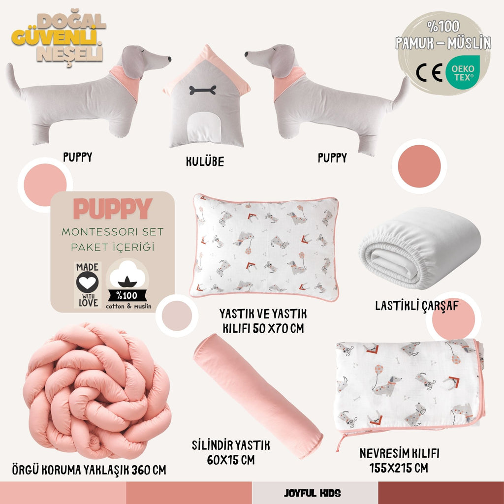 9 parça Puppy Montessori set içeriği: Sosis köpek, kulübe yastık ve müslin takımı.