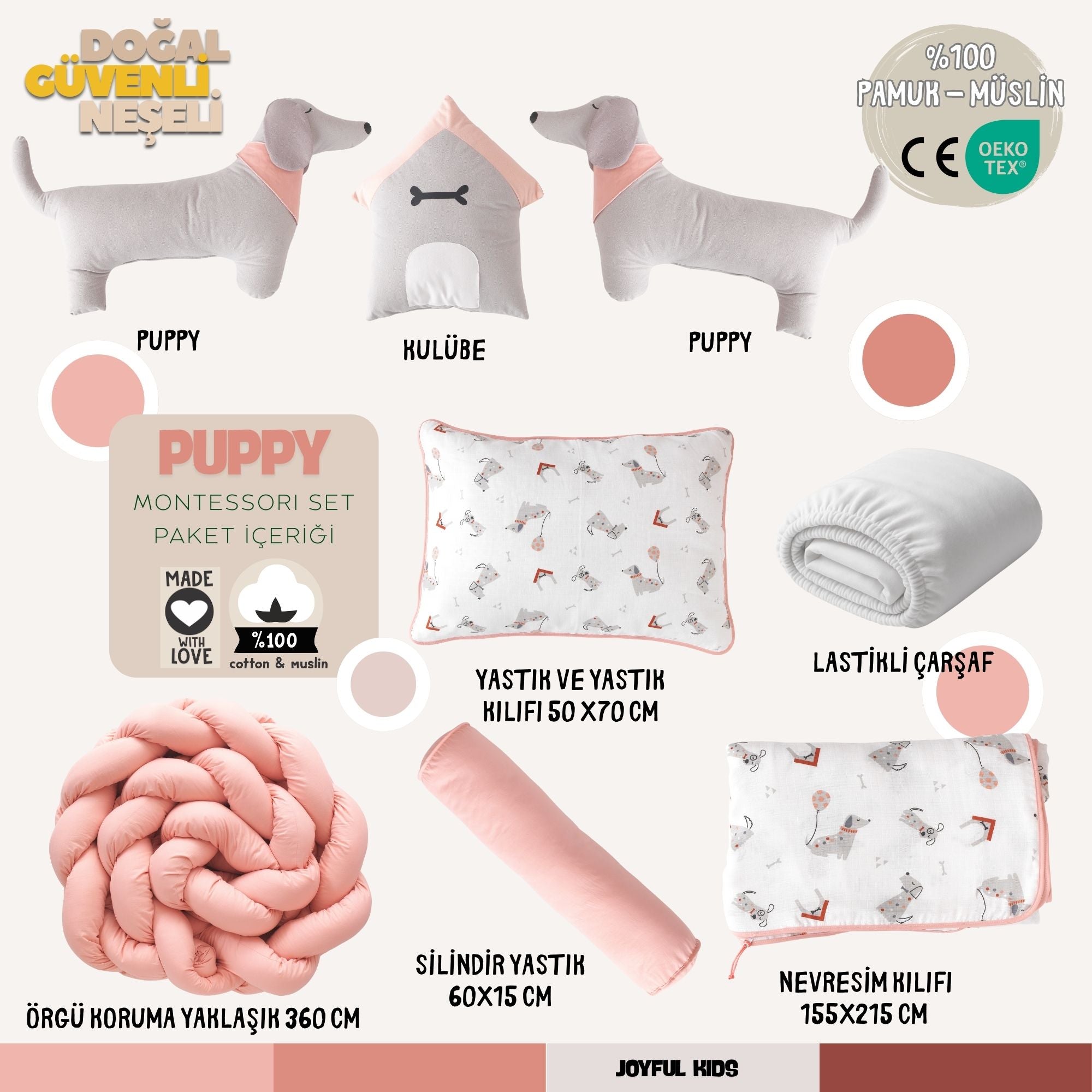 9 parça Puppy Montessori set içeriği: Sosis köpek, kulübe yastık ve müslin takımı.