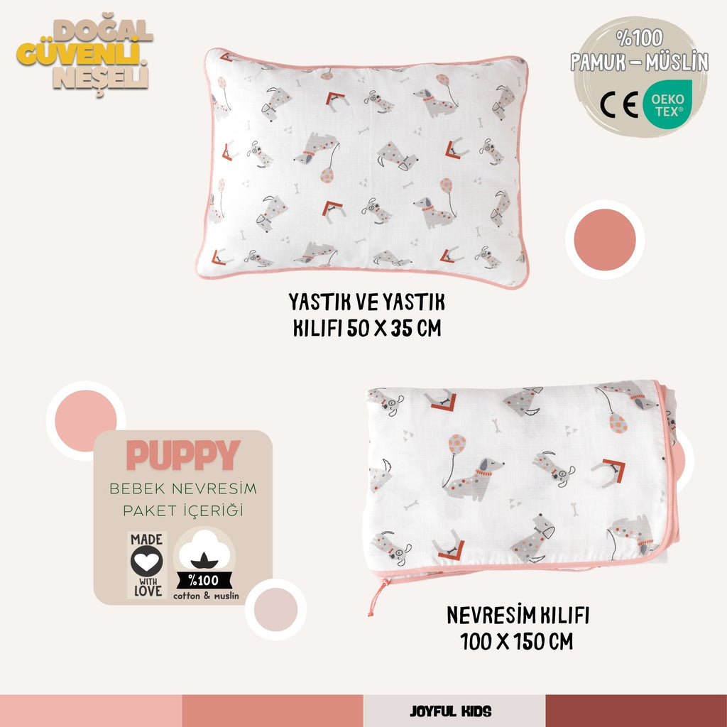 100x150 cm nevresim, yastık kılıfı ve iç yastıktan oluşan pembe detaylı Puppy paket içeriği.