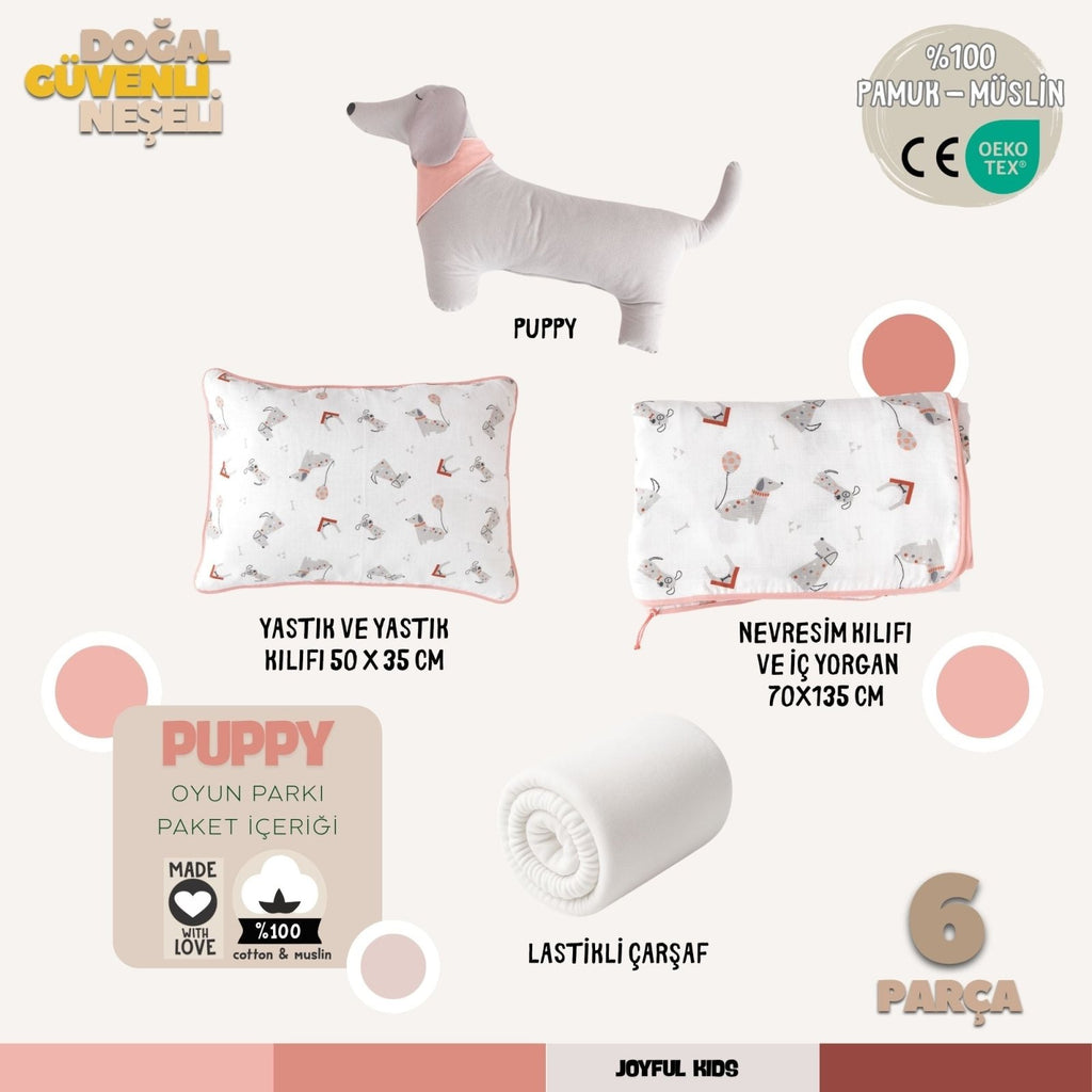 Oyun Parkı Uyku Seti Puppy Serisi | Sevimli Köpekler | %100 Müslin 6 Parça | Joyful Kids | Bebek Uyku Seti - Joyful Kids
