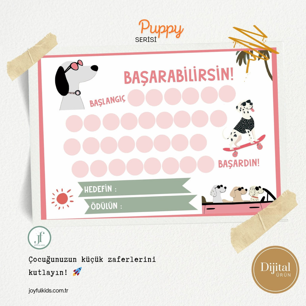 Başarabilirsin! Puppy Temalı Çocuk Hedef ve Ödül Takip Kartı | Dijital İndirme | Dijital İndirilebilir Ürün - Joyful Kids