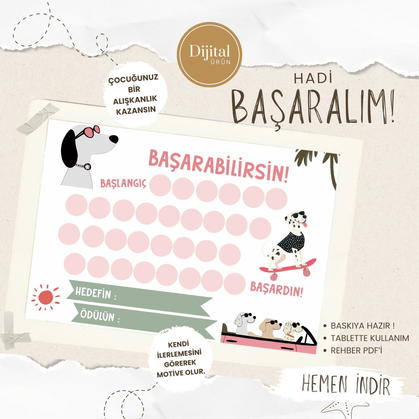 Başarabilirsin! Puppy Temalı Çocuk Hedef ve Ödül Takip Kartı | Dijital İndirme | Dijital İndirilebilir Ürün - Joyful Kids