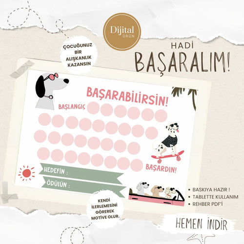 Başarabilirsin! Puppy Temalı Çocuk Hedef ve Ödül Takip Kartı | Dijital İndirme | Dijital İndirilebilir Ürün - Joyful Kids