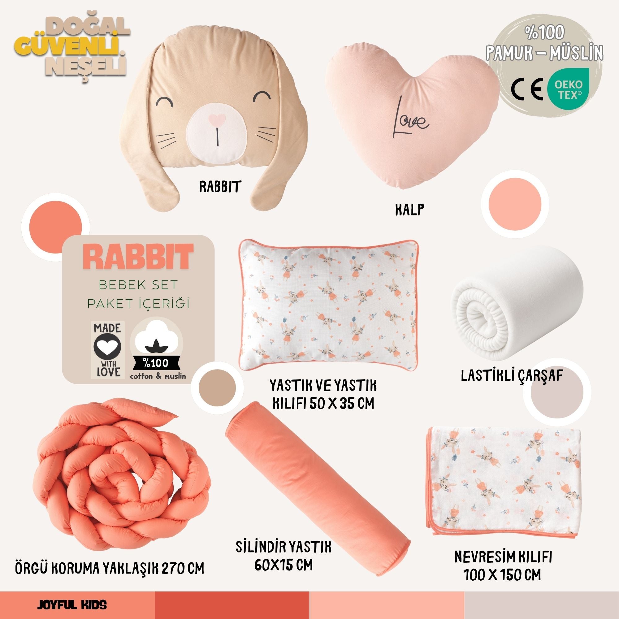 Kız bebek odaları için somon ve krem tonlarında 8 parçalık tam uyku seti.