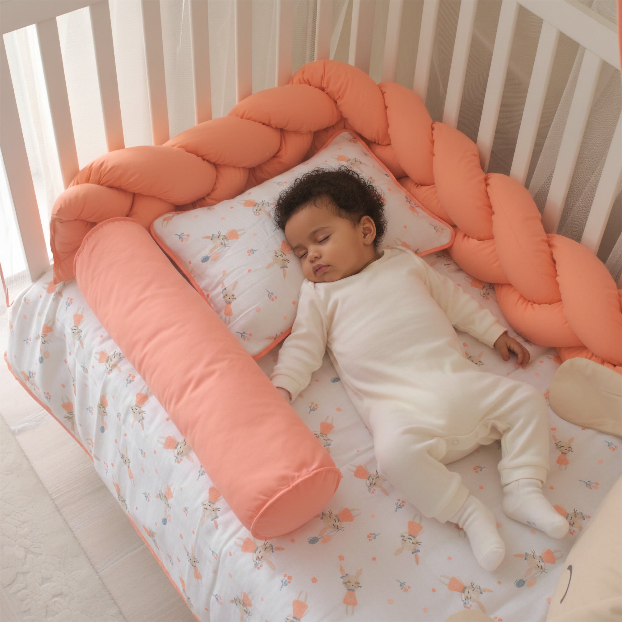 Beşik güvenliği için el yapımı mercan rengi üçlü örgü kenar bariyeri.