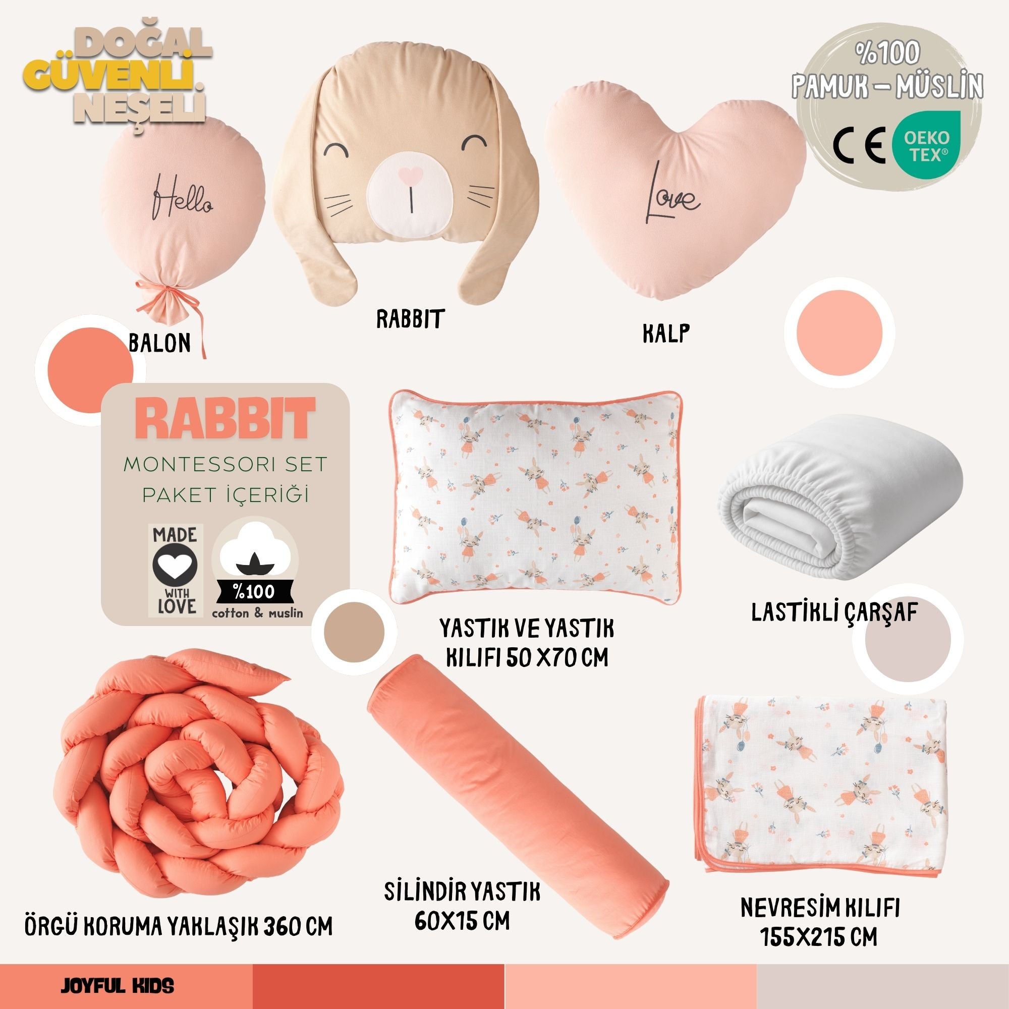 9 parça Rabbit Montessori set içeriği: Tavşan, balon ve kalp yastıklı tam set.