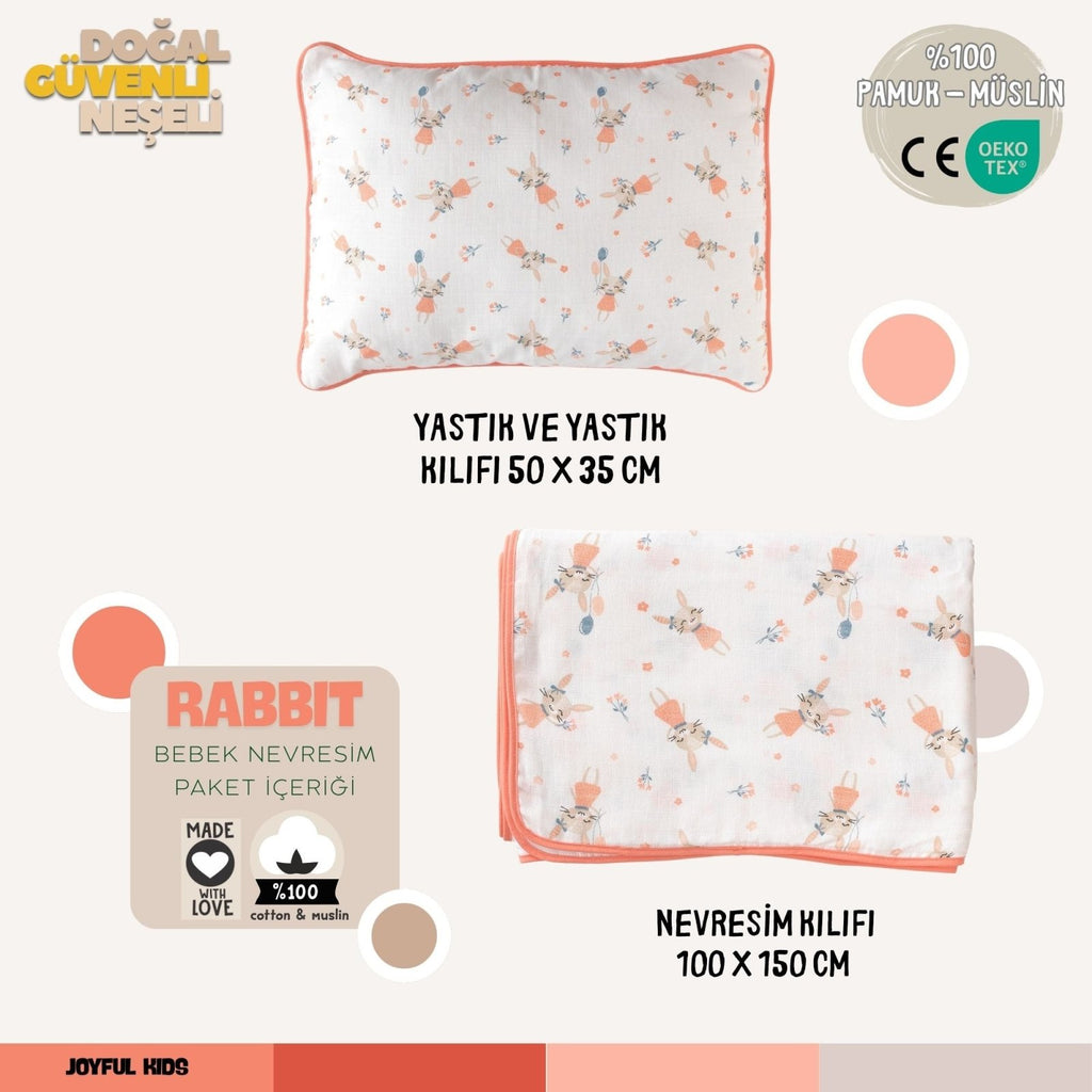 Bebek Nevresim Takımı Tavşan | %100 Müslin Mercan | 3 Parça | Joyful Kids | Bebek Nevresim Seti - Joyful Kids