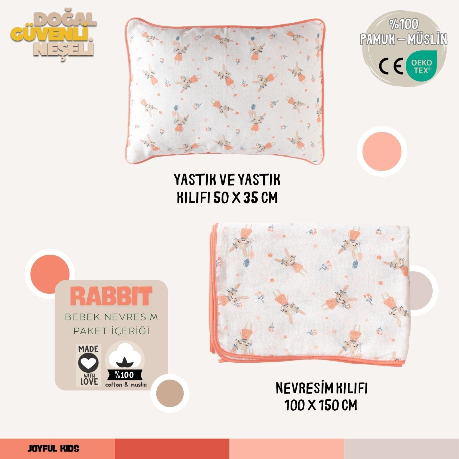 Bebek Nevresim Takımı Tavşan | %100 Müslin Mercan | 3 Parça | Joyful Kids | Bebek Nevresim Seti - Joyful Kids