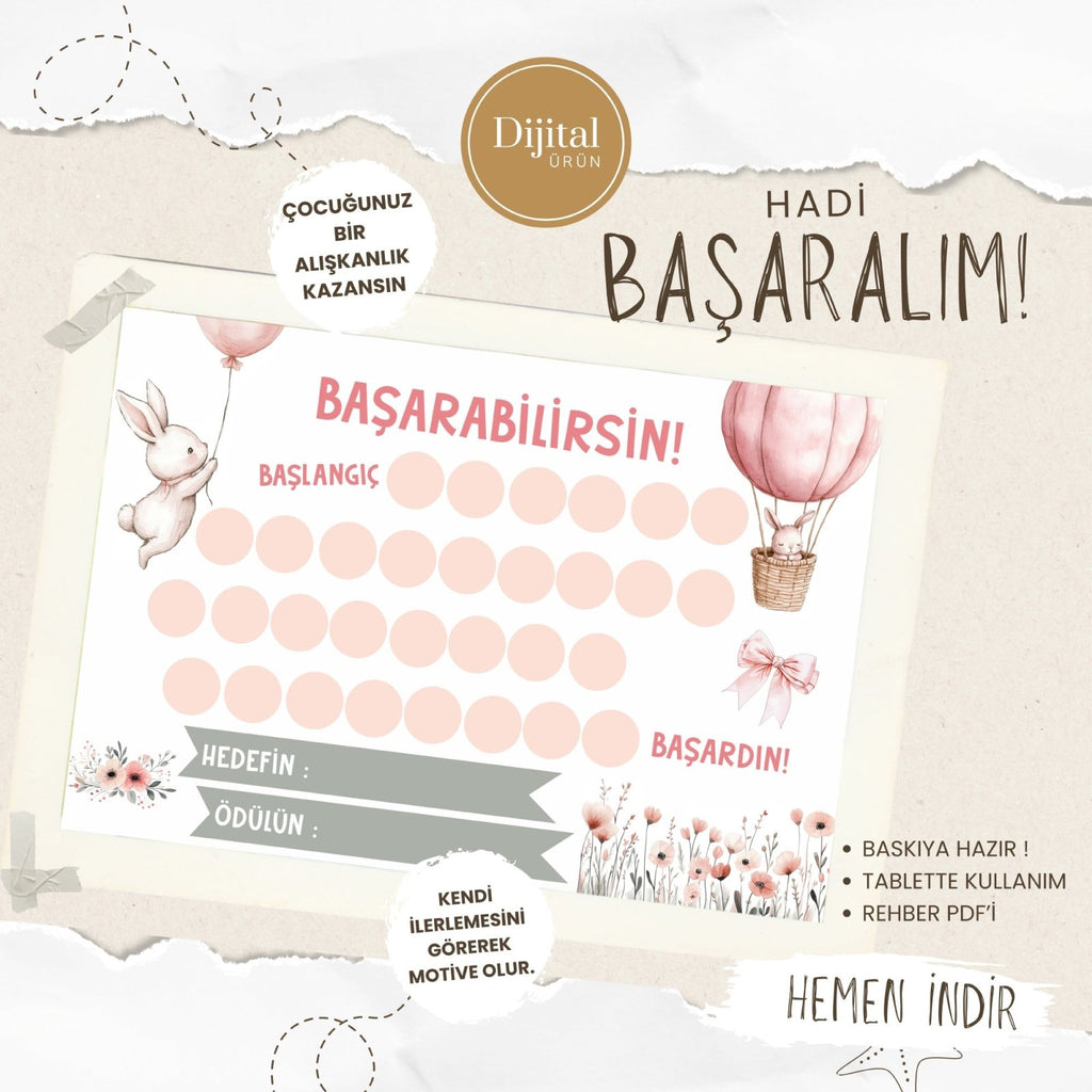 Başarabilirsin! Rabbit Temalı Çocuk Hedef ve Ödül Takip Kartı | Dijital İndirme | Dijital İndirilebilir Ürün - Joyful Kids