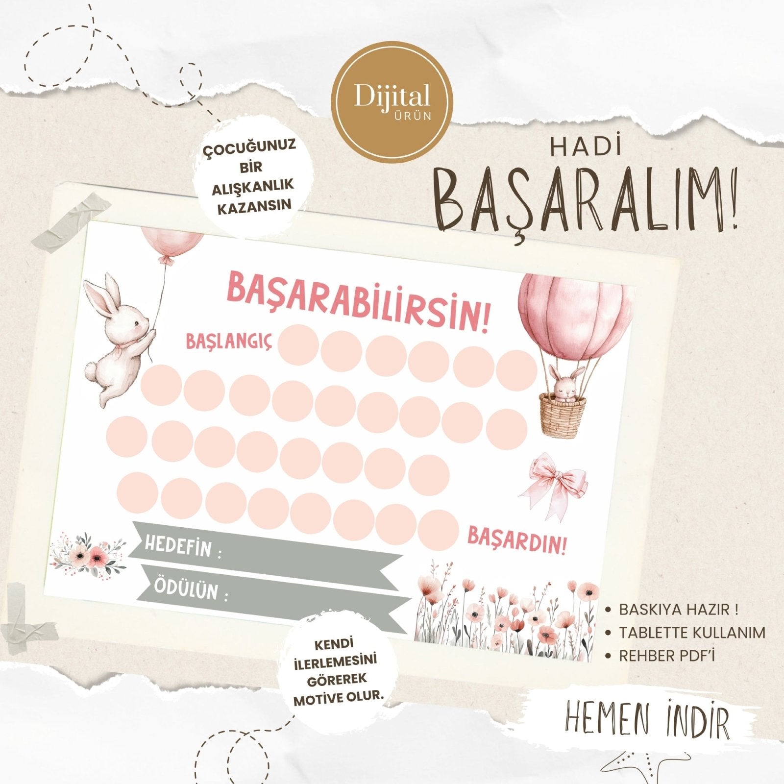 Başarabilirsin! Rabbit Temalı Çocuk Hedef ve Ödül Takip Kartı | Dijital İndirme | Dijital İndirilebilir Ürün - Joyful Kids