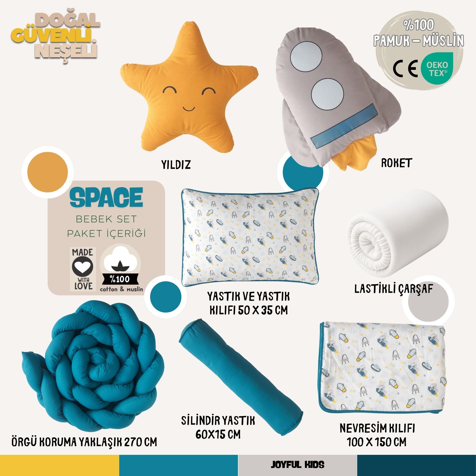 Uzay konseptli bebek odaları için 8 parçalık petrol mavisi uyku seti kurgusu.