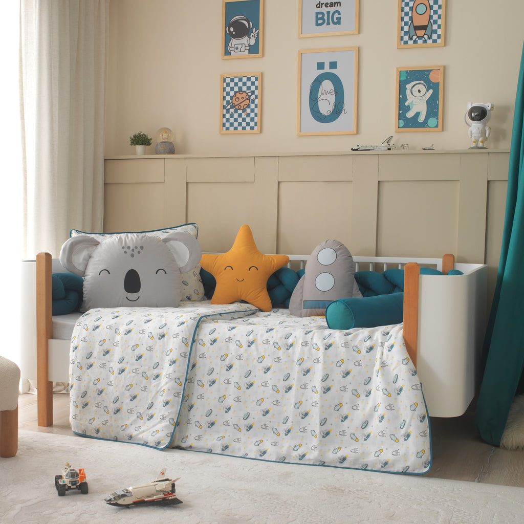 Space uzay temalı petrol mavisi Montessori uyku seti oda dekorasyonu.