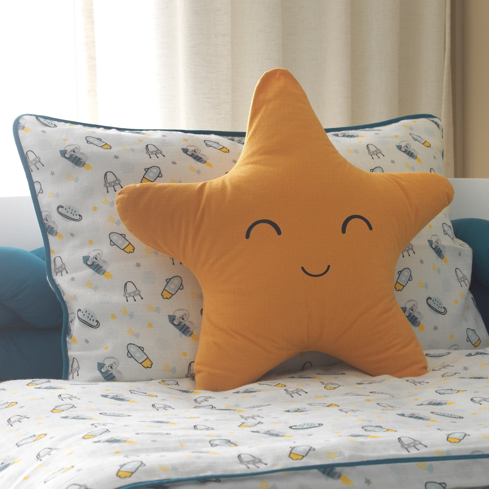 Uzay serisi tamamlayıcı petrol mavisi silindir yan koruma yastığı.