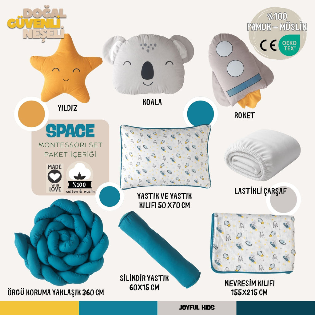 9 parça Space Montessori set içeriği: Koala, roket ve yıldız yastıklı tam set.