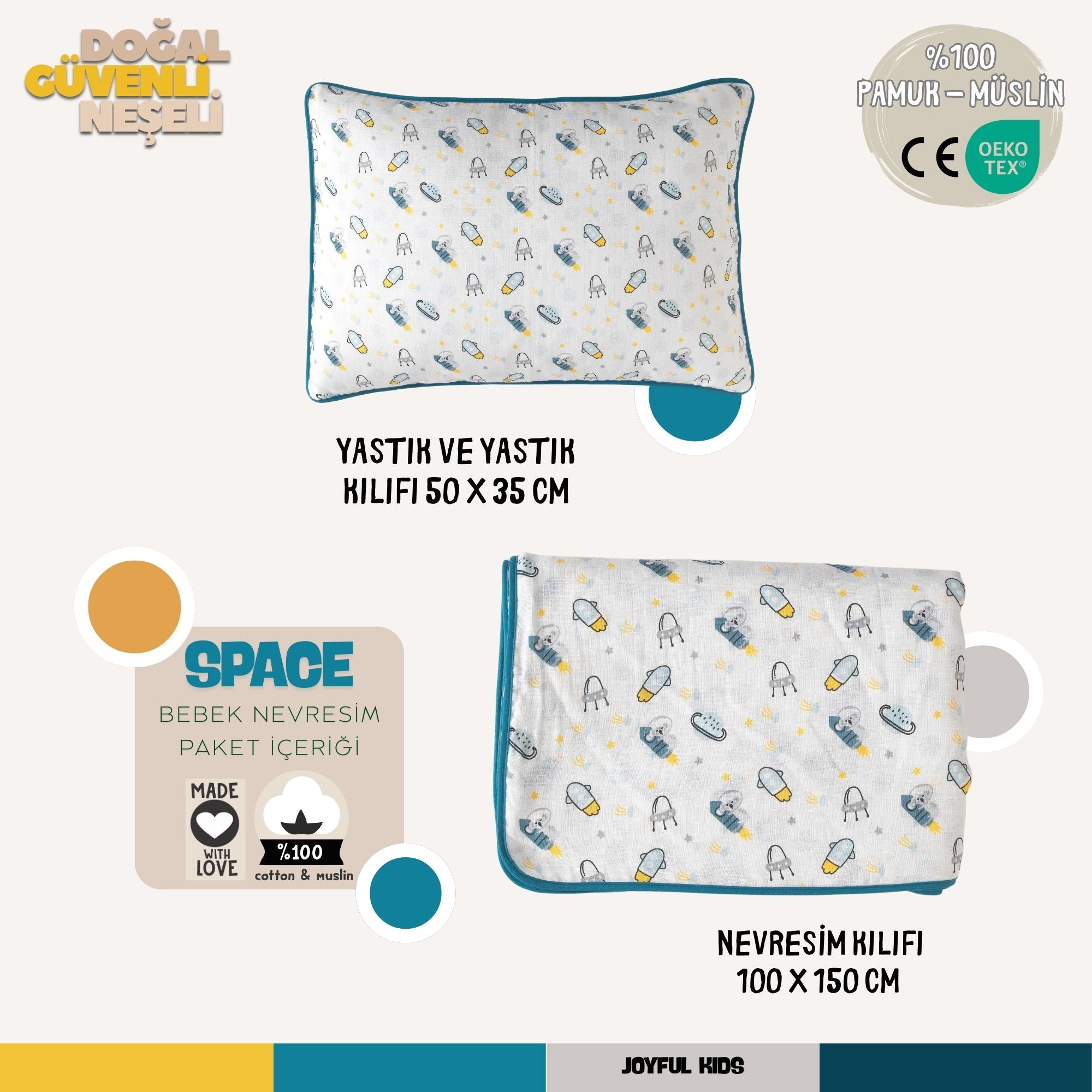 100x150 cm nevresim, yastık kılıfı ve iç yastıktan oluşan Space uyku paketi.