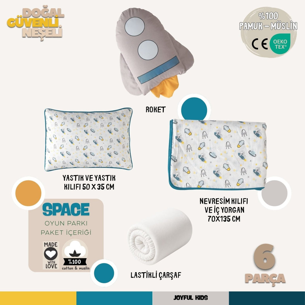 Oyun Parkı Uyku Seti Space Serisi | Roket & Astronot Temalı | %100 Müslin 6 Parça | Joyful Kids | Bebek Uyku Seti - Joyful Kids