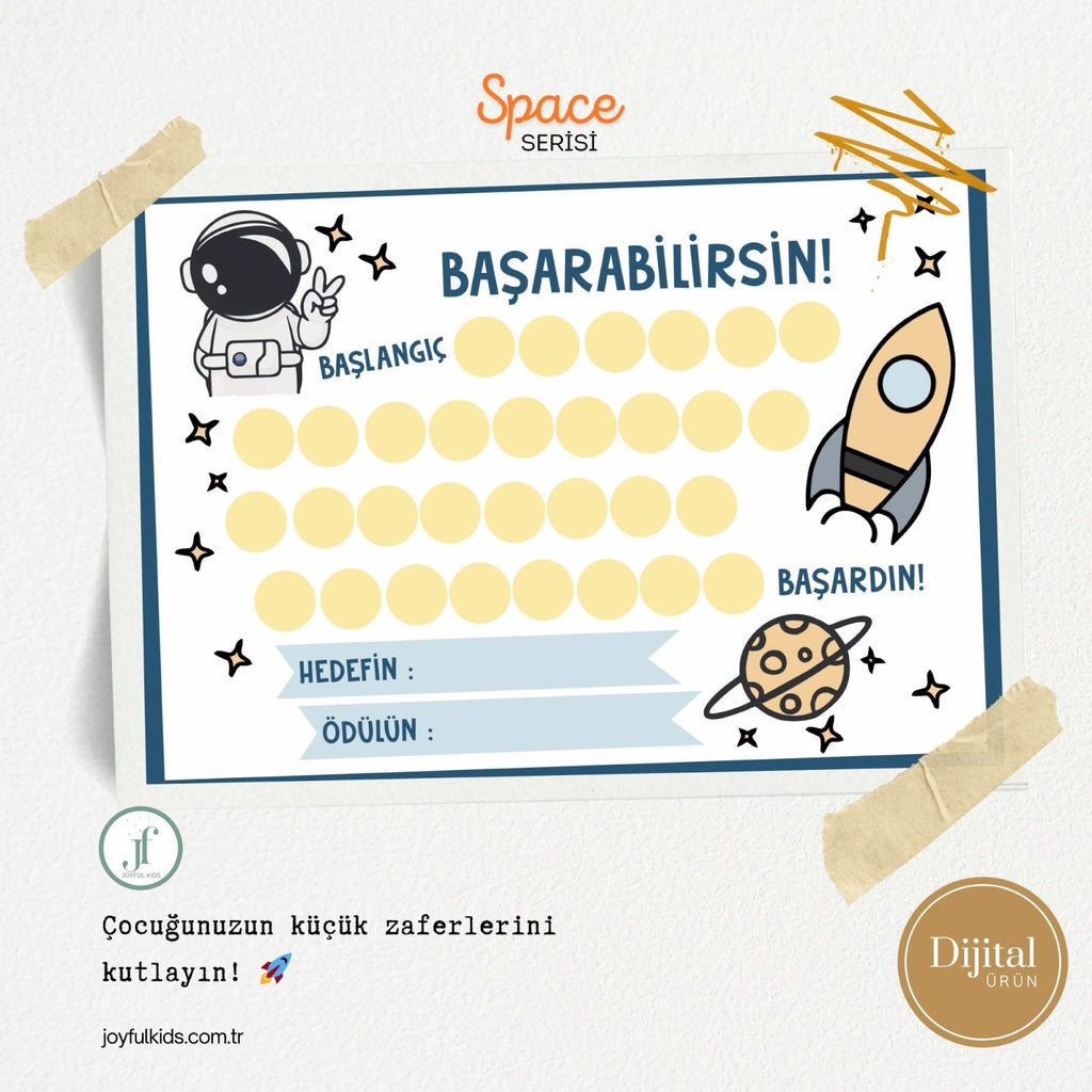 Başarabilirsin! Space Temalı Çocuk Hedef ve Ödül Takip Kartı | Dijital İndirme | Dijital İndirilebilir Ürün - Joyful Kids