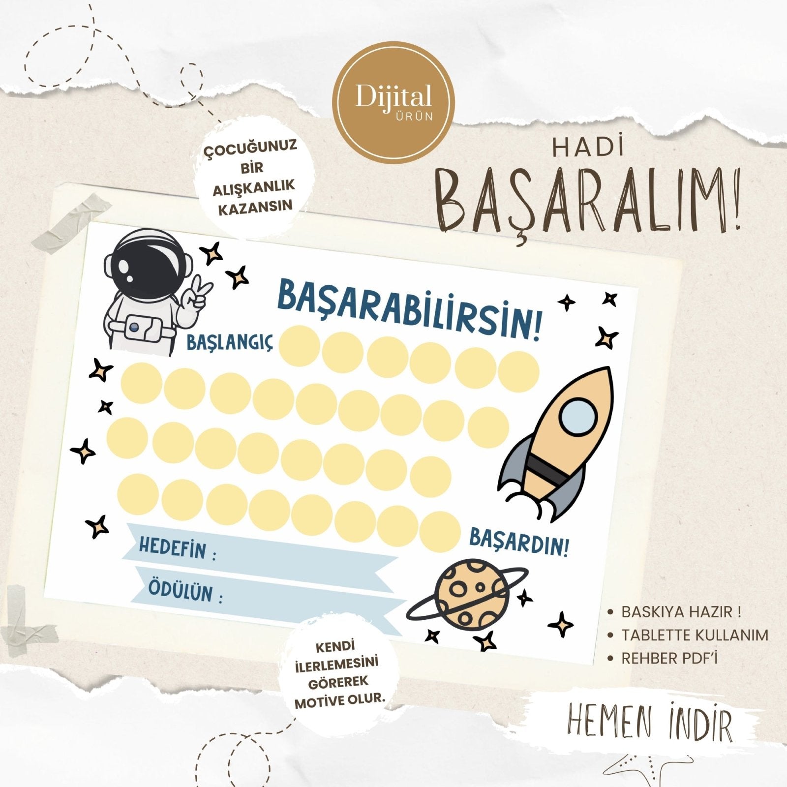 Başarabilirsin! Space Temalı Çocuk Hedef ve Ödül Takip Kartı | Dijital İndirme | Dijital İndirilebilir Ürün - Joyful Kids