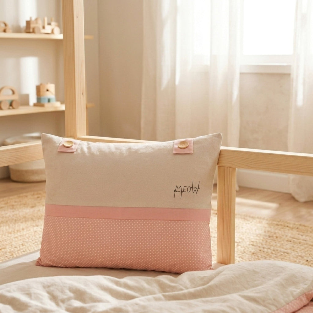 Misty Pink Meow Baskılı Kedi Yastık | 45x35 Boutique Dekoratif | Joyful Kids | Dekoratif Yastık - Joyful Kids