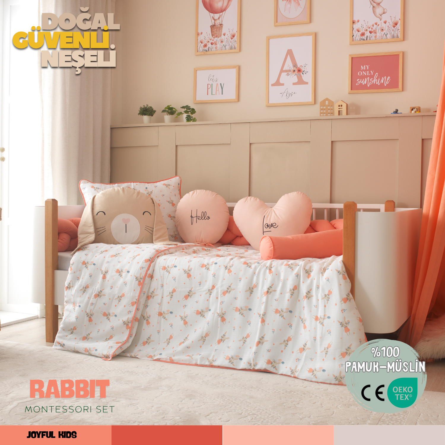 Rabbit %100 Pamuk Müslin Montessori Uyku Seti – Kalpli ve Tavşanlı Yastıklarla - Bebek ve Çocuk Odası için