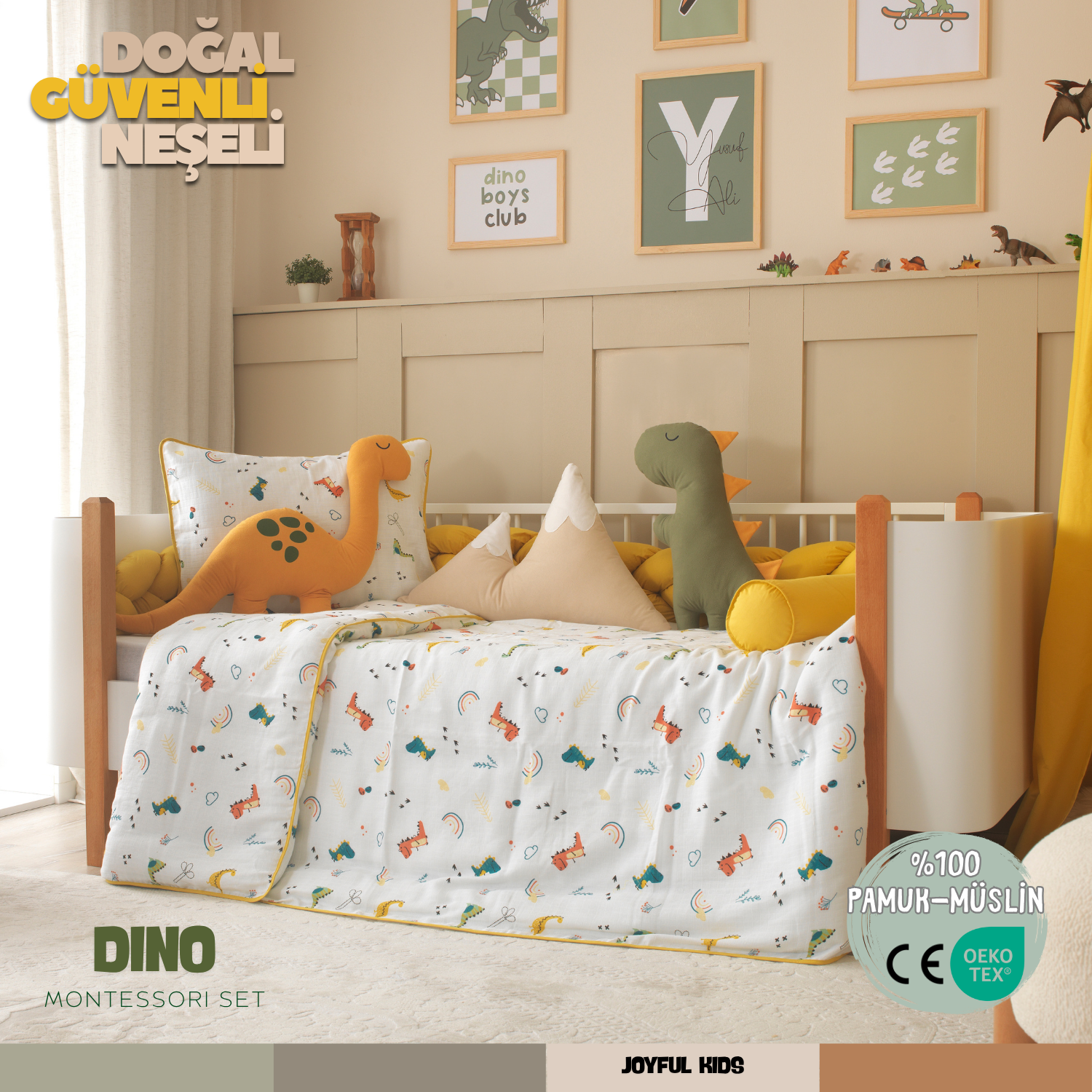 Dino Dinozor Temalı Uyku Seti – %100 Pamuk Müslin, Dino & Rex Yastıklı, Bebek ve Çocuk Odası için Ölçü 90x190