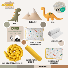 Dino Dinozor Temalı Uyku Seti – %100 Pamuk Müslin, Dino & Rex Yastıklı, Bebek ve Çocuk Odası için Ölçü 90x190
