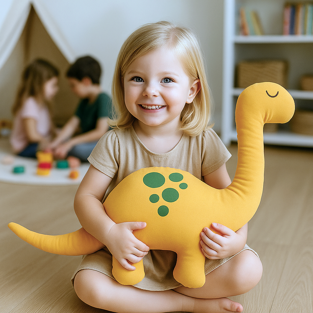 Sarı Dino Uyku Arkadaşı – Dekoratif Dinozor Yastık, Pamuksu Yüzey, Bebek ve Çocuk Odası için