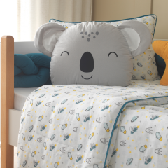 Space Uzay Temalı %100 Pamuk Müslin Uyku Seti – Koala, Yıldız ve Roket Yastıklı, Bebek ve Çocuk Odası için Ölçü 90x190