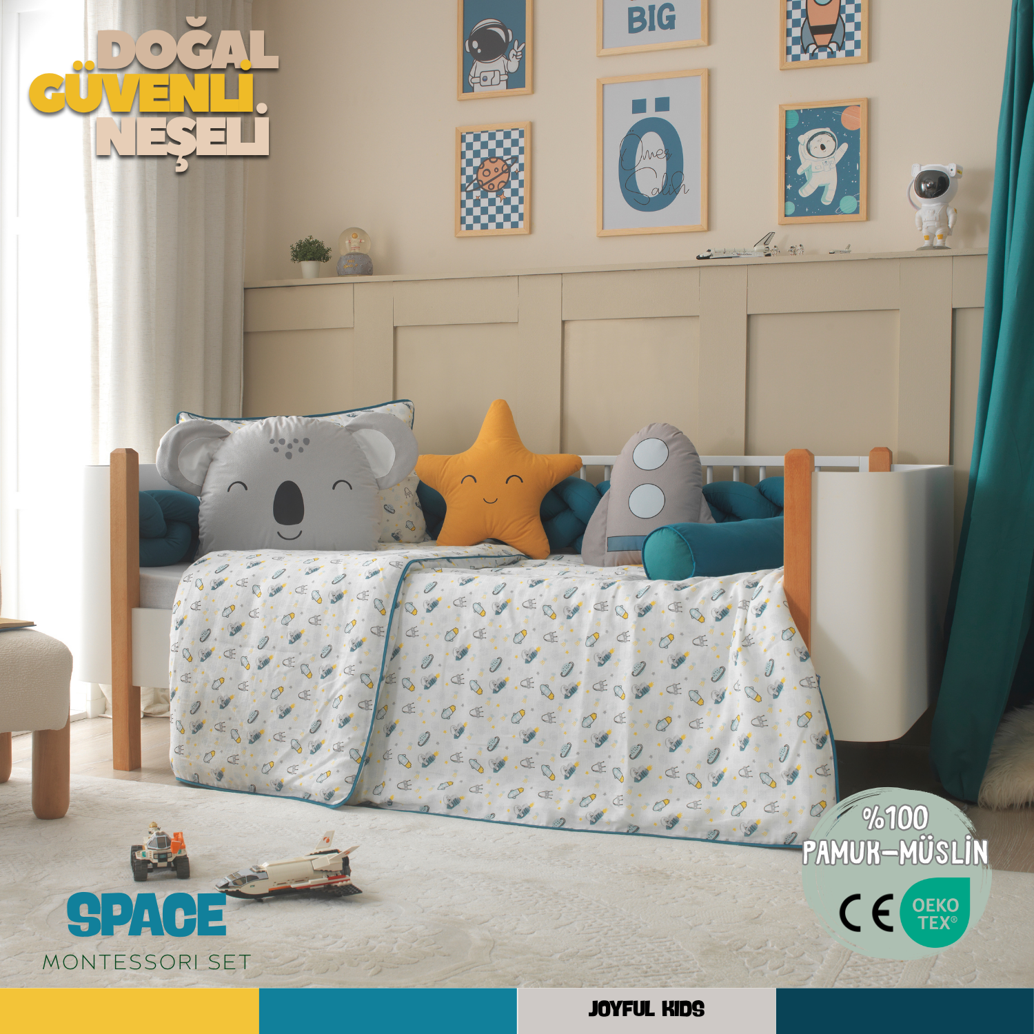 Space Uzay Temalı %100 Pamuk Müslin Uyku Seti – Koala, Yıldız ve Roket Yastıklı, Bebek ve Çocuk Odası için Ölçü 90x190