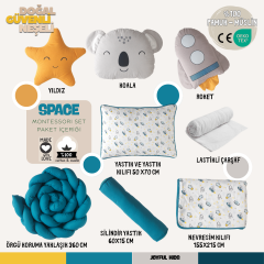 Space Uzay Temalı %100 Pamuk Müslin Uyku Seti – Koala, Yıldız ve Roket Yastıklı, Bebek ve Çocuk Odası için Ölçü 90x190