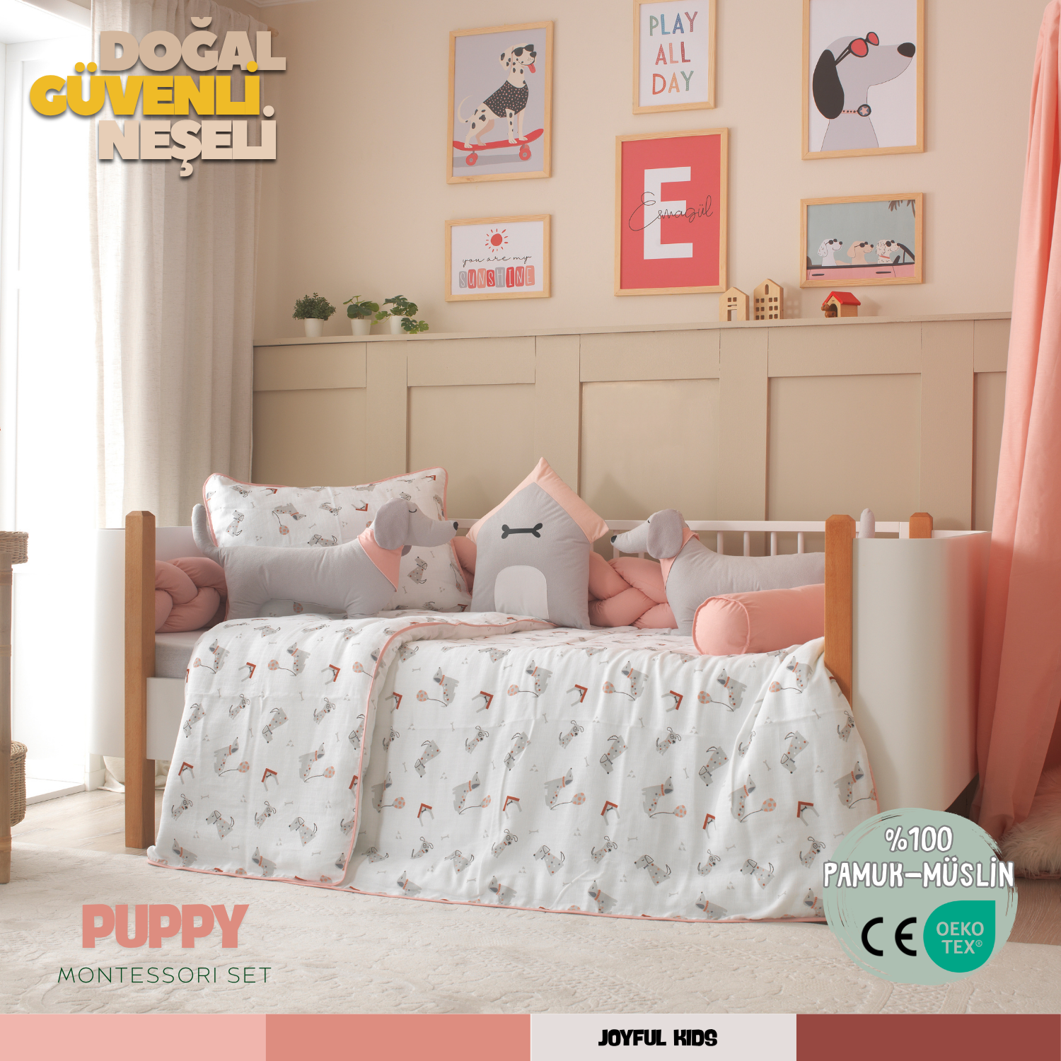 Puppy Köpek Temalı Bebek ve Çocuk Uyku Seti – %100 Pamuk Müslin, Pastel Renkli, Eğlenceli ve Sevimli Tasarım