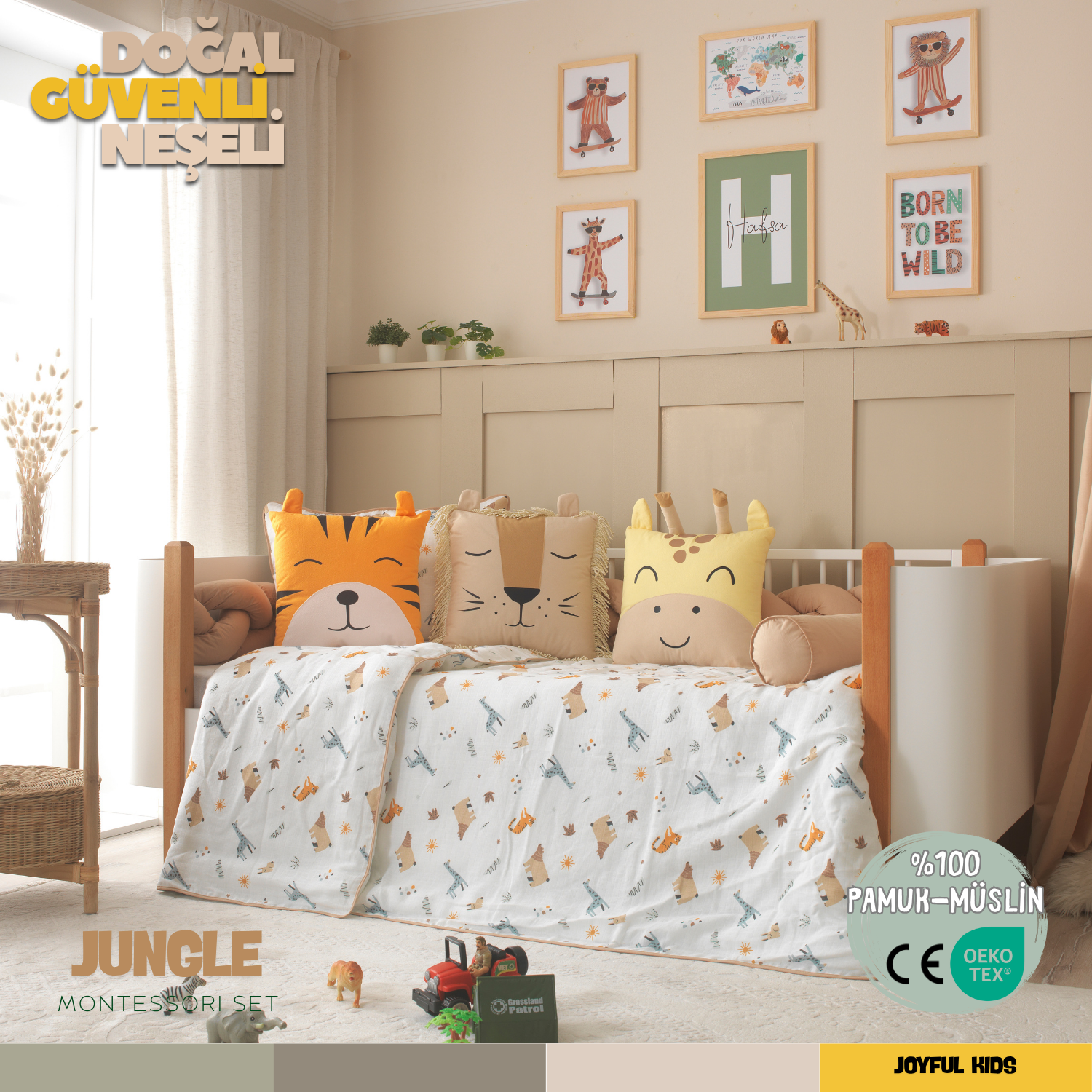 Jungle Safari Temalı %100 Pamuk Müslin Uyku Seti – Kaplan, Aslan, Zürafa Yastıklı, Bebek ve Çocuk Odası için