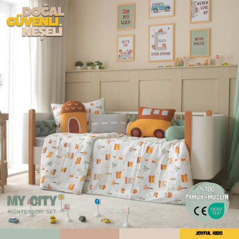 My City %100 Pamuk Müslin Montessori Uyku Seti - Araba, Ev ve Yol Temalı Figürlü, Bebek ve Çocuk Odası için