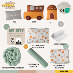 My City %100 Pamuk Müslin Montessori Uyku Seti - Araba, Ev ve Yol Temalı Figürlü, Bebek ve Çocuk Odası için