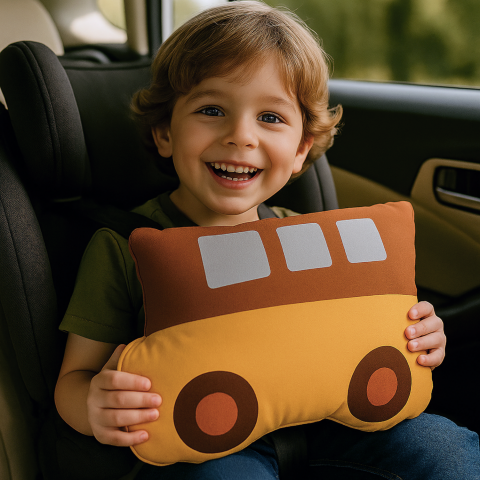My City Araba Figür Yastığı – Montessori Temalı Sarı Minibüs Yastık | Çocuk Odası Dekoratif Uyku Arkadaşı