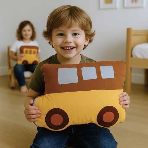 My City Araba Figür Yastığı – Montessori Temalı Sarı Minibüs Yastık | Çocuk Odası Dekoratif Uyku Arkadaşı