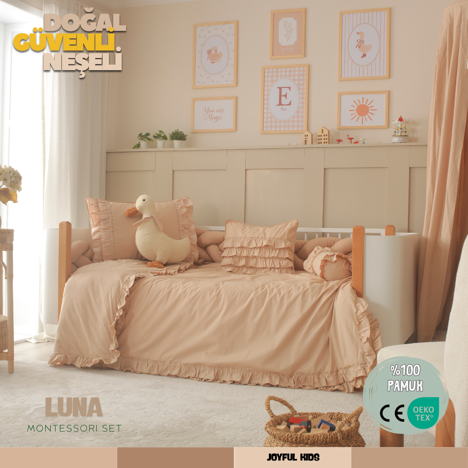 Luna %100 Pamuk Montessori Bebek Uyku Seti –  Fırfırlı, Kahve Renk, Ördek Uyku Arkadaşı ile