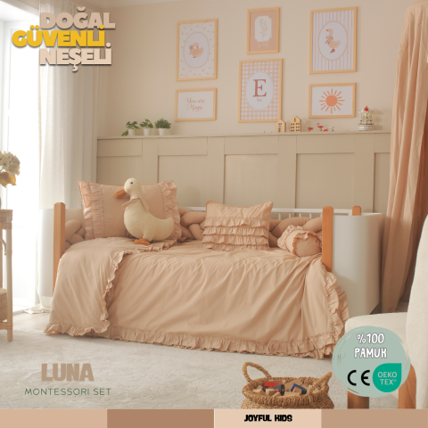 Luna %100 Pamuk Montessori Bebek Uyku Seti –  Fırfırlı, Kahve Renk, Ördek Uyku Arkadaşı ile
