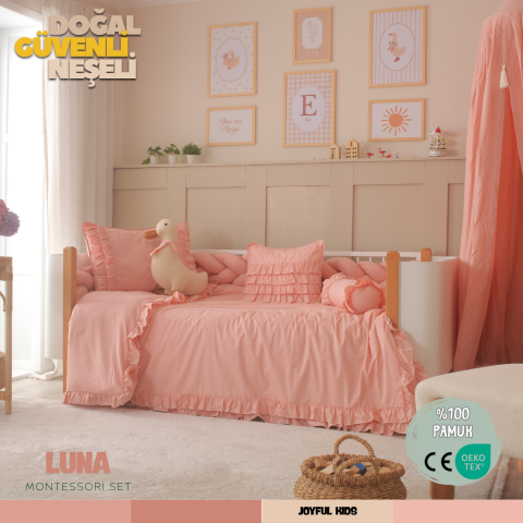 Luna %100 Pamuk Montessori Bebek Uyku Seti –  Fırfırlı, Pembe Renk, Ördek Uyku Arkadaşı ile