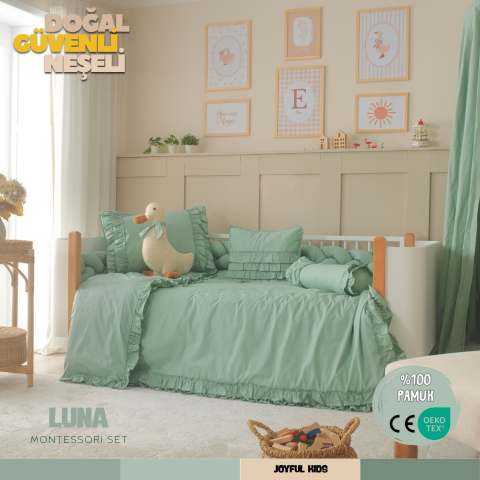 Luna %100 Pamuk Montessori Bebek Uyku Seti –  Fırfırlı, Yeşil Renk, Ördek Uyku Arkadaşı