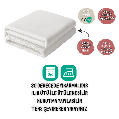 %100 Pamuk Likralı Lastikli Penye Çarşaf – Beyaz – Çift Kişilik (160x200)  / 140x200 ve 150x200 ile de Uyumlu