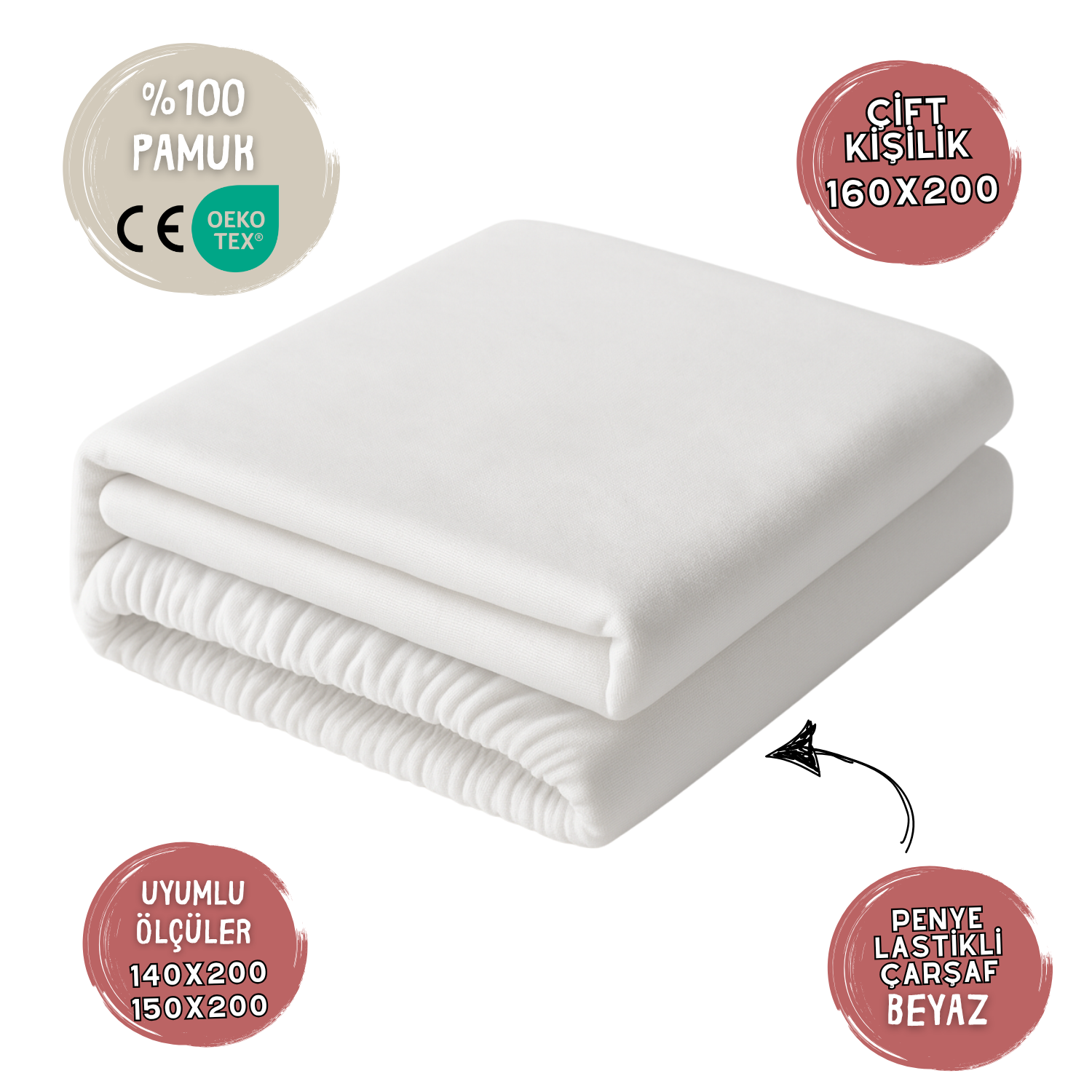 %100 Pamuk Likralı Lastikli Penye Çarşaf – Beyaz – Çift Kişilik (160x200)  / 140x200 ve 150x200 ile de Uyumlu