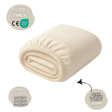 %100 Pamuk Likralı Lastikli Penye Çarşaf - Krem – 90x190 / 90x200 / 100x200 Uyumlu