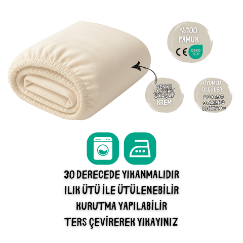 %100 Pamuk Likralı Lastikli Penye Çarşaf - Krem – 90x190 / 90x200 / 100x200 Uyumlu