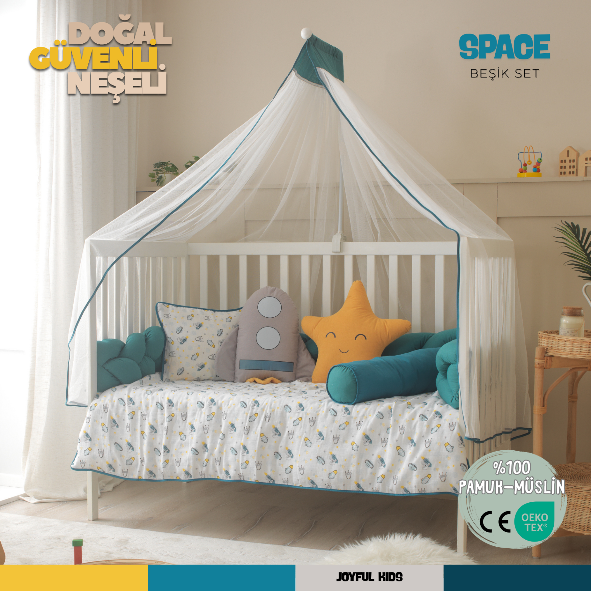 Space Beşik ve Park Yatak Uyku Seti - %100 Pamuk Müslin - Uzay Temalı Bebek Uyku Seti
