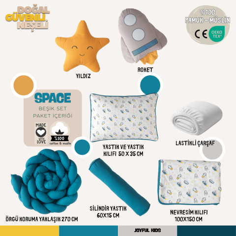Space Beşik ve Park Yatak Uyku Seti - %100 Pamuk Müslin - Uzay Temalı Bebek Uyku Seti