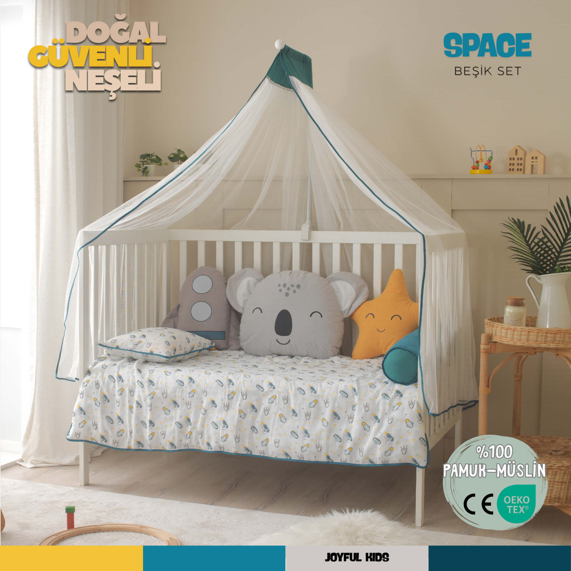 Space Beşik ve Park Yatak Uyku Seti - %100 Pamuk Müslin - Uzay Temalı Bebek Uyku Seti